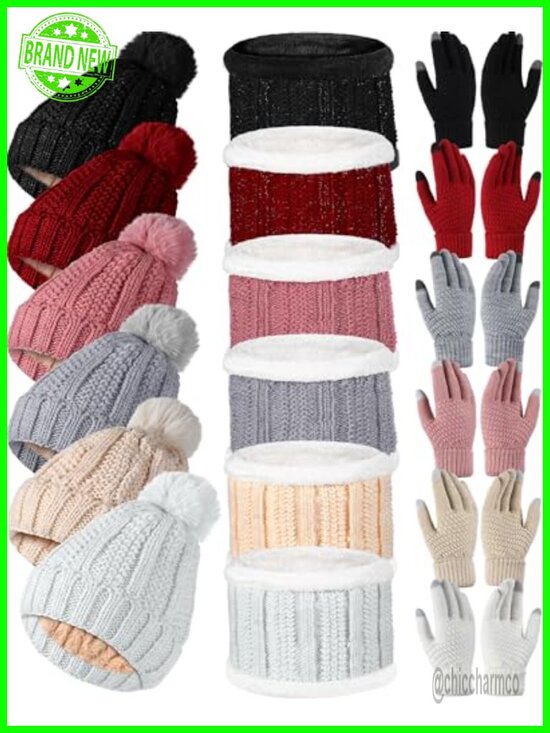6 Knit Hats with Pompoms, 6 Scarves, 6 Touchscreen Gloves Winter Set